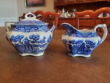 Antique Buffalo Pottery Blue Willow Creamer and Sugar Bowl 1911 Flow Blue picture