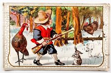 AMP Co Postcard Postmarked 1911 THANKSGIVING GREETINGS Embossed Boy Blunderbuss picture