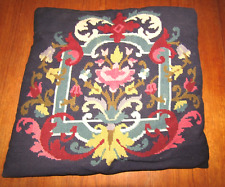 Vintage Handmade Navy Blue Floral/Scrolls Needlepoint Tapestry Pillow 17x19x3 H picture