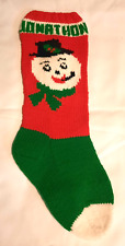 Vtg Handmade Knit Christmas Stocking Frosty Snowman Green Red JONATHAN 19.5
