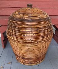 Huge Vintage Pencil Reed Rattan Lidded Floor Vase or Storage Basket, very cool picture