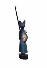 Cat Statue Holding Kitten and Pole Large Carved Wooden Vintage Folk Art Decor picture