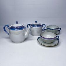 Blue Lusterware Tea Set Teapot Sugar Teacups Japan Japanese Shofu Vintage 1920s picture