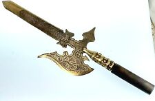 Vintage Medieval Replica Brass (?) Battle Ax Sword w/ Wooden Handle 17.5