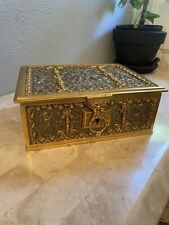 Late 19thC/Early 20thC Brass Putti Themed Casket Box With Latched Lid - 8x3x7/34 picture