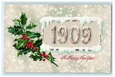 New Year Holly Berries Winter Snowfall 1909 Embossed Antique Postcard picture