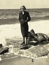 XG Photograph Pretty Woman Posing Rocks Beach Waves Lovely Lady 1930-40's Heels picture