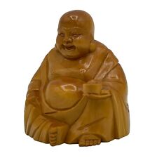 Vintage Laughing Buddha Statue Real Wood 1950s Figurine Hand Made Buddhism picture