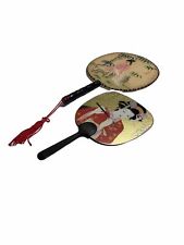 Vintage Chinese Hand Fan Silk, Bamboo Handle, Painted Paddle Fans-lot Of 2 picture