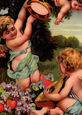 Vintage 1909 Valentine Postcard Wessler Fantasy Cupid Musicians Flowers Music picture