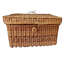 Antique Lidded Woven Rectangular Grass Basket 2 tone Grass Loop & Button Closure picture