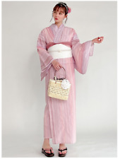 Grail Kimono Yukata Set Pink Stripe white Obi Summer Clothes Japan Cotton 100% picture