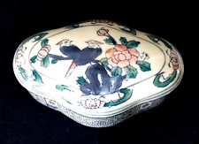 Vintage Hand Painted Chinese Birds Pink Lotus Flower Porcelain Trinket Box picture