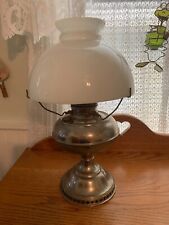 ANTIQUE  BRADLEY & HUBBARD  NICKEL PLATED OIL LAMP MILK GLASS SHADE W/CHIMNEY picture