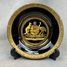 Australia Souvenir Plate Black Gold Plated Coat of Arms Emu Kangaroo Box & Stand picture