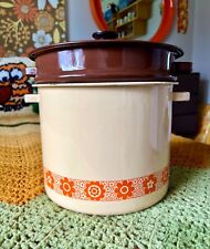 Vintage 60s/70s Orange Flower Enamel Stock/Pasta Pot w/Strainer Cookware Set picture