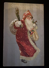 Long~Red Robe Santa Claus with  Switch~Toy Sack Antique~ Christmas Postcard~h992 picture