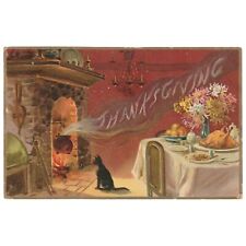 Spooky Thanksgiving  Halloween Black Cat Smoke Cauldron Tucks Postcard 1908 picture