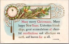 Vintage 1913 CHRISTMAS Postcard Clock / Pine Bough 