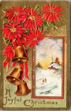 Postcard A Joyful Christmas - poinsettia bells and winter scene picture