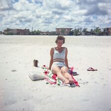 Short-Haired Striped Beach Girl Photo 1950s Barefoot Sunbathing Found Snapshot picture