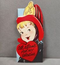 Vintage Die Cut Valentines Day Card 1950s Little Fireman All Aflame Used picture