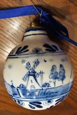 Vintage Hand Painted Pottery DELFT Holland CHRISTMAS ORNAMENT Ball Holiday Blue picture