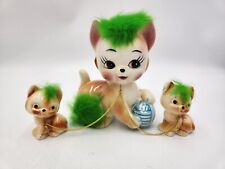 Vintage Anthropomorphic Ceramic Chained Cat Kittens w/Green Fur Figurine Japan picture