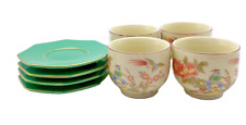 Set of 4 Fukagawa Koransha Porcelain Tea Cups and Saucers Green Birds Floral picture