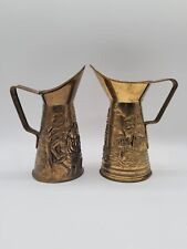 English Brass Plated Embossed Tin Pitchers / Vases Vintage Set of 2 picture