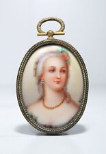 Antique 19th C German Hand Painted Lady Portrait On Bronze Frame Signed picture