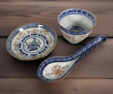 Fine Chinese Blue Gold Rice Eye Grain Polychrome Porcelain 3 Pc Bowl Spoon Dish picture
