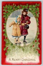 Merry Christmas Mother Lady Little Girl Ice Skating Winsch Back Postcard 1909 picture