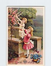 Postcard Best Wishes Greeting Card Garden Scene & Children Art Print picture