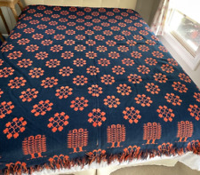 Antique Navy Blue and Orange Jacquard Bed Coverlet YY906 picture