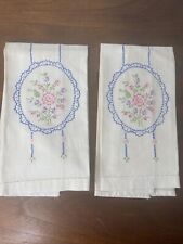 Vintage Ivory Napkins Linen Floral Embroidered Pink Blue TrimTea Towel Set 2 picture