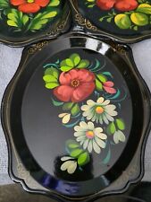 5 Vintage Zhostovo Soviet Russian Hand Painted Flowers Toleware Trays Yeha picture