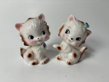 2 Vintage Anthropomorphic Cat Figurines 1950’s Kitsch White w/ Brown Spots 3” picture