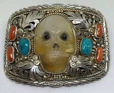 Francisco Gomez Biker Jewelry Sterling 925 Silver Carved SKULL Belt Buckle WHOA picture