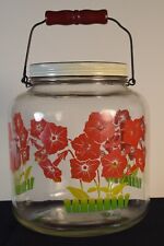 Vintage Hoosier-Style Large Glass Jar Wood Handle Metal Lid Morning Glories   picture