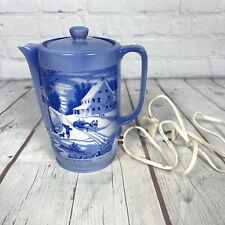 Vintage Currier & Ives Electric Kettle Blue Homestead In Winter Scene Porcelain picture