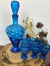 8 PC Set Vintage Italy Cobalt Blue Glass Liquor Decanter & Glasses Grape Design picture