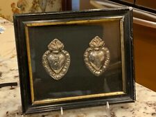Pair19th Century French Religious Framed Silver Flaming Sacred Hearts C1880 picture