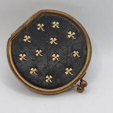 Vintage Black Leather w Gold Clover Pattern Mirror Make Up Powder Puff Compact picture