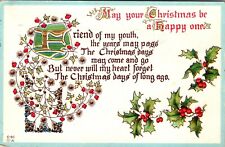 Vintage 1910s Christmas Poem Holly Leaves Embossed Merry Christmas Postcard picture