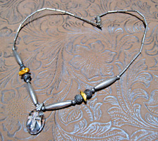 Vintage Native Liquid Silver Choker Necklace Iridescent  Glass Intaglio Cross picture