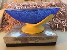 Vintage European Glass Ceramic asymmetrical Blue pebble glass bowl yellow base picture