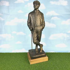 Vintage 1920s Golfer Statue Antique Bronze Finish On Wood Base 17 inch Tall picture