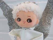 Vintage 60's Angel Christmas Tree Topper Japan Glitter Wings Nylon Felt White picture