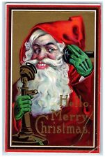 c1910's Christmas Santa Claus Telephone Embossed Unposted Antique Postcard picture
